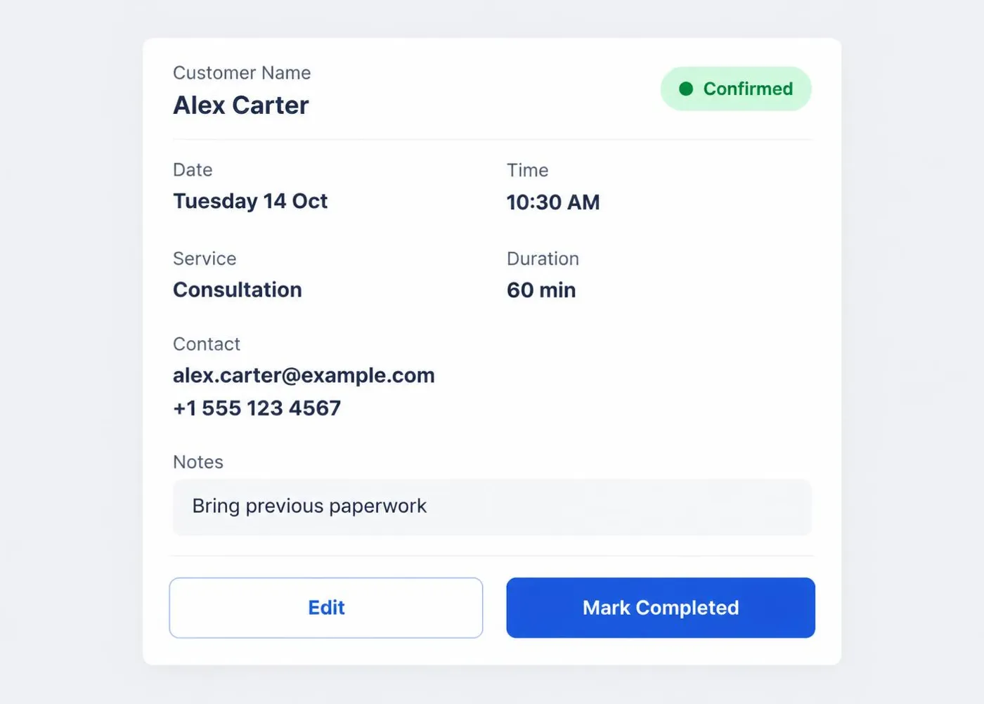 ScheduleSpring appointments screen, illustrative software preview with fictional demonstration data