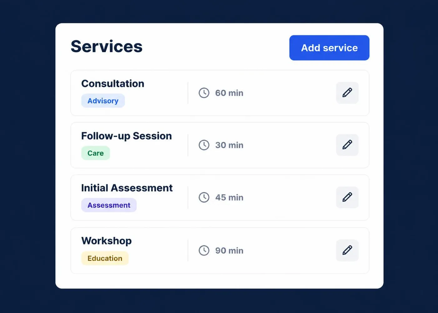 ScheduleSpring services screen, illustrative software preview with fictional demonstration data