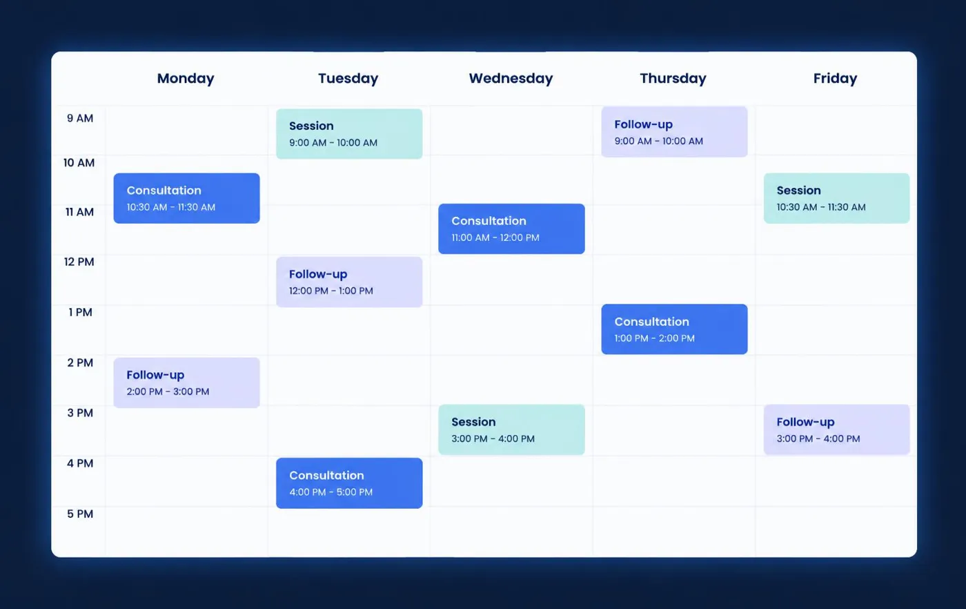 ScheduleSpring week view screen, illustrative software preview with fictional demonstration data